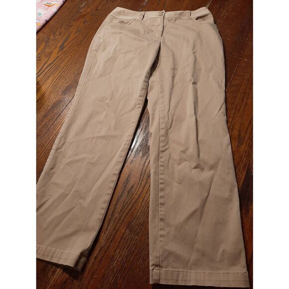 Size 8P Talbots Petite Stretch Tan Khaki Double Button Pants Pockets Belt Loops - Picture 1 of 2